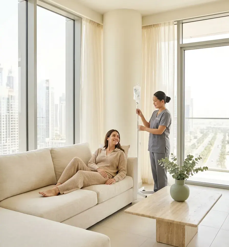 A Shookra nurse setting up an IV drip in a client's home, with the Dubai skyline beyond