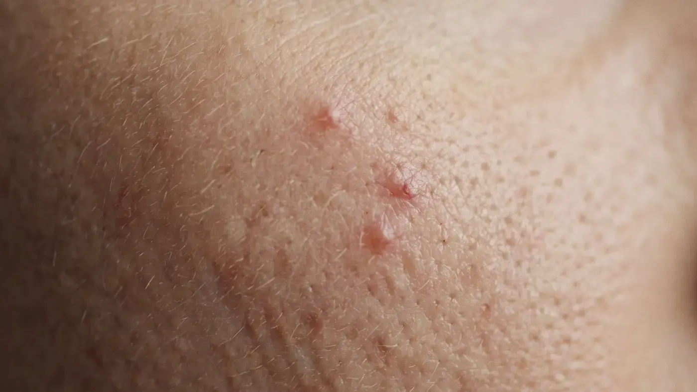 Close detail of skin with a few small raised inflamed spots across the cheek