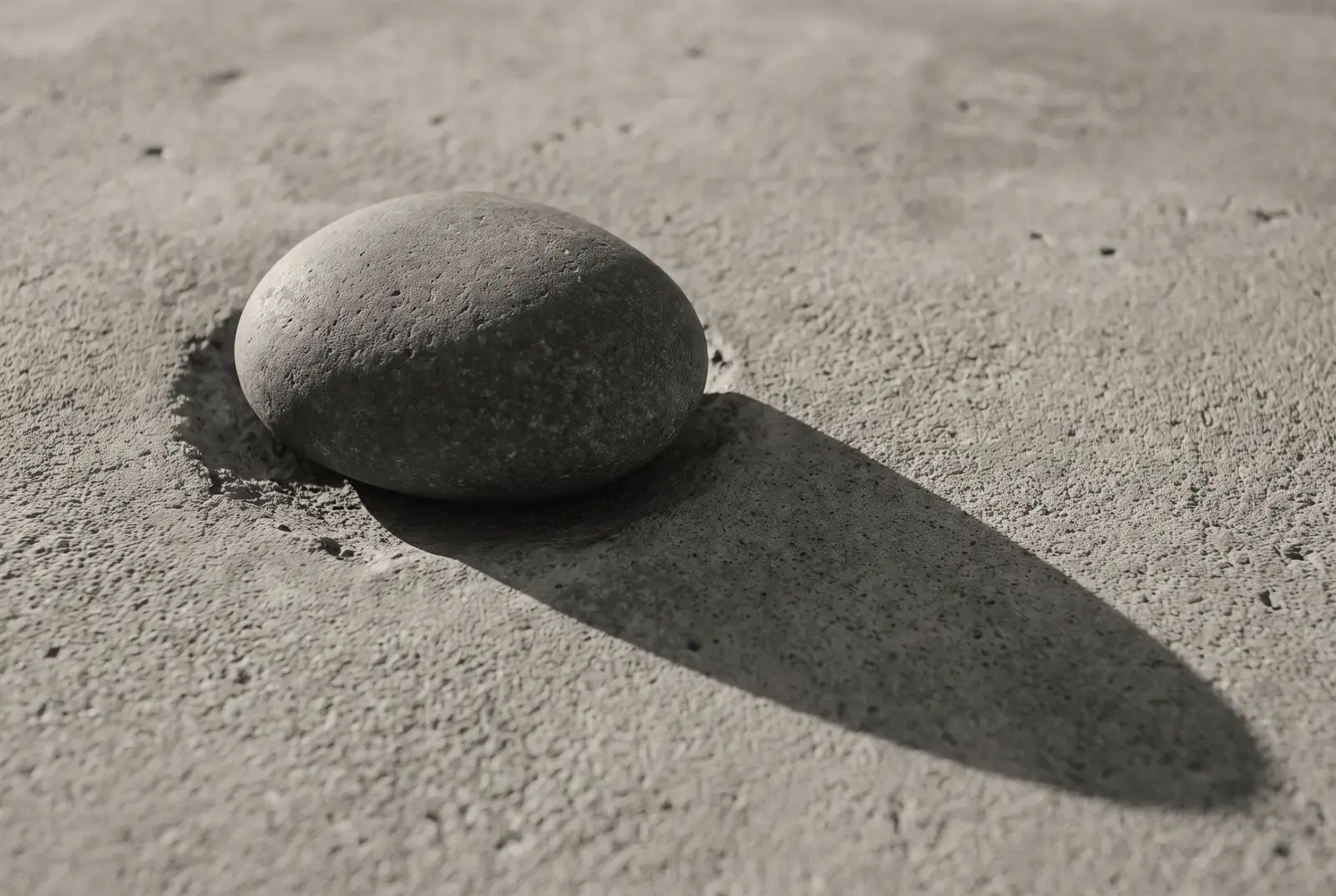 A single smooth heavy stone resting on warm concrete, casting one long hard shadow
