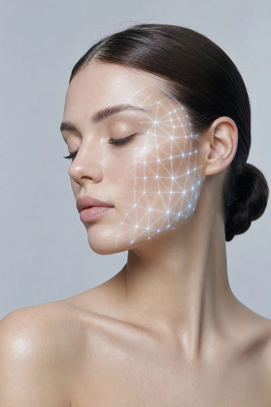A digital diagnostic mesh mapped across a face