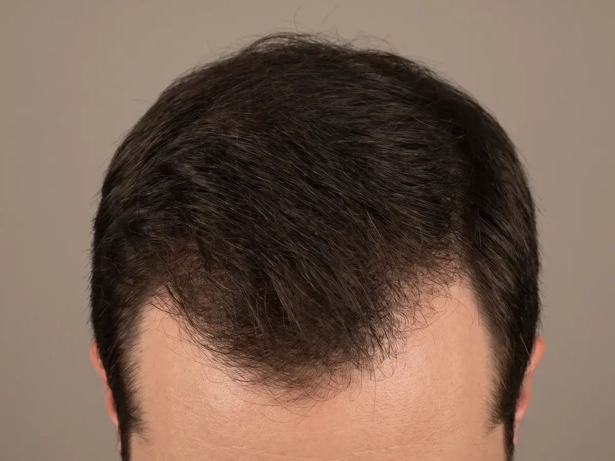 Reference illustration of a scalp with the hairline receded at both temples into a shallow M shape