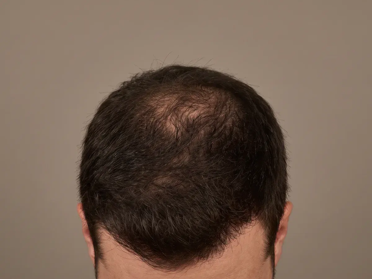 Reference illustration of a scalp with a distinct circular area of thinning at the crown