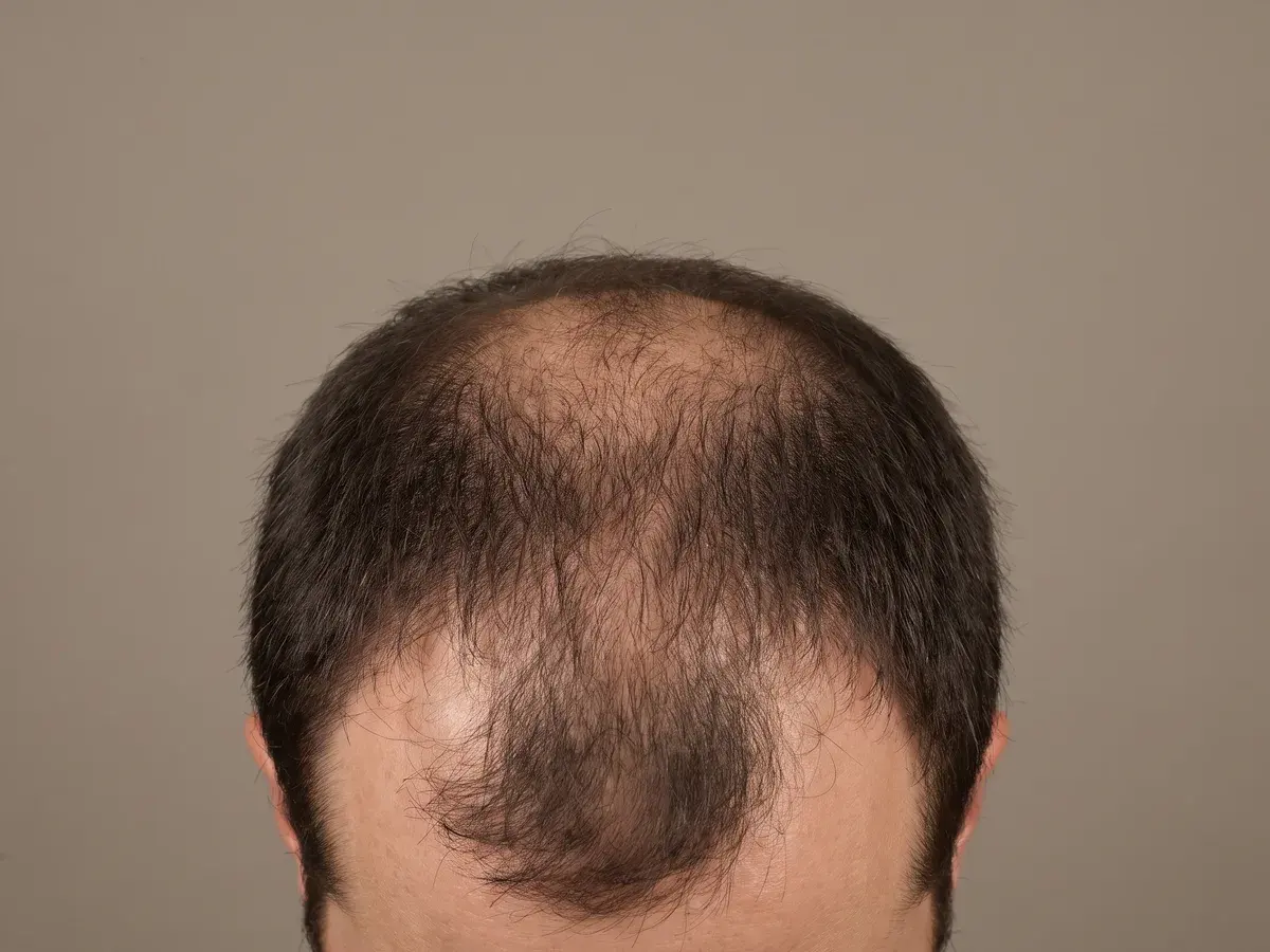 Reference illustration of a scalp where front and crown loss have merged into one area, with hair at the sides and back