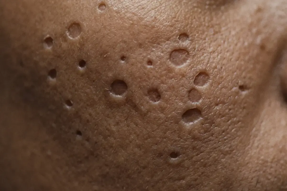 Close detail of skin with scattered round and oval depressions that have defined edges and flat bases