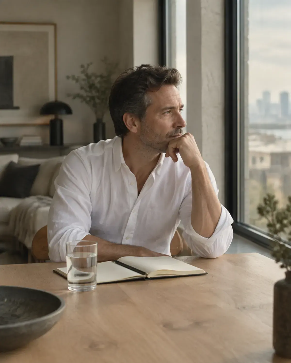 A man at a table by a window in morning light with a glass of water and a notebook