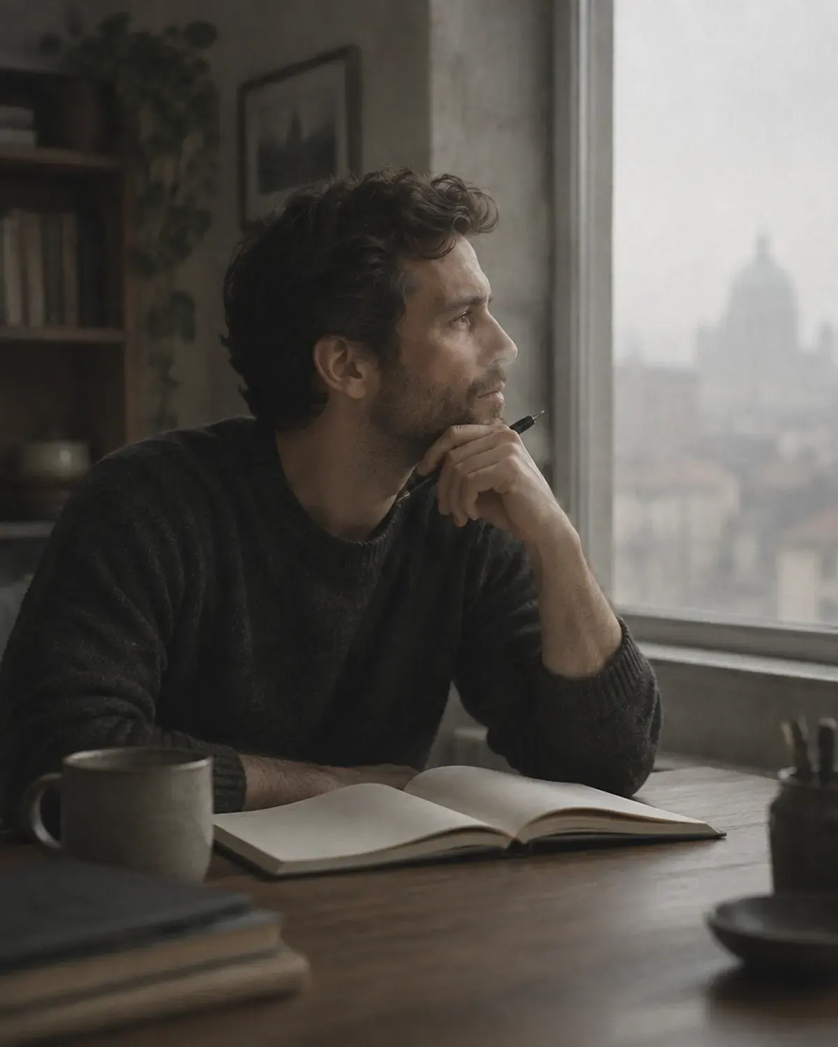 A man at a desk looking out of a window, pen in hand