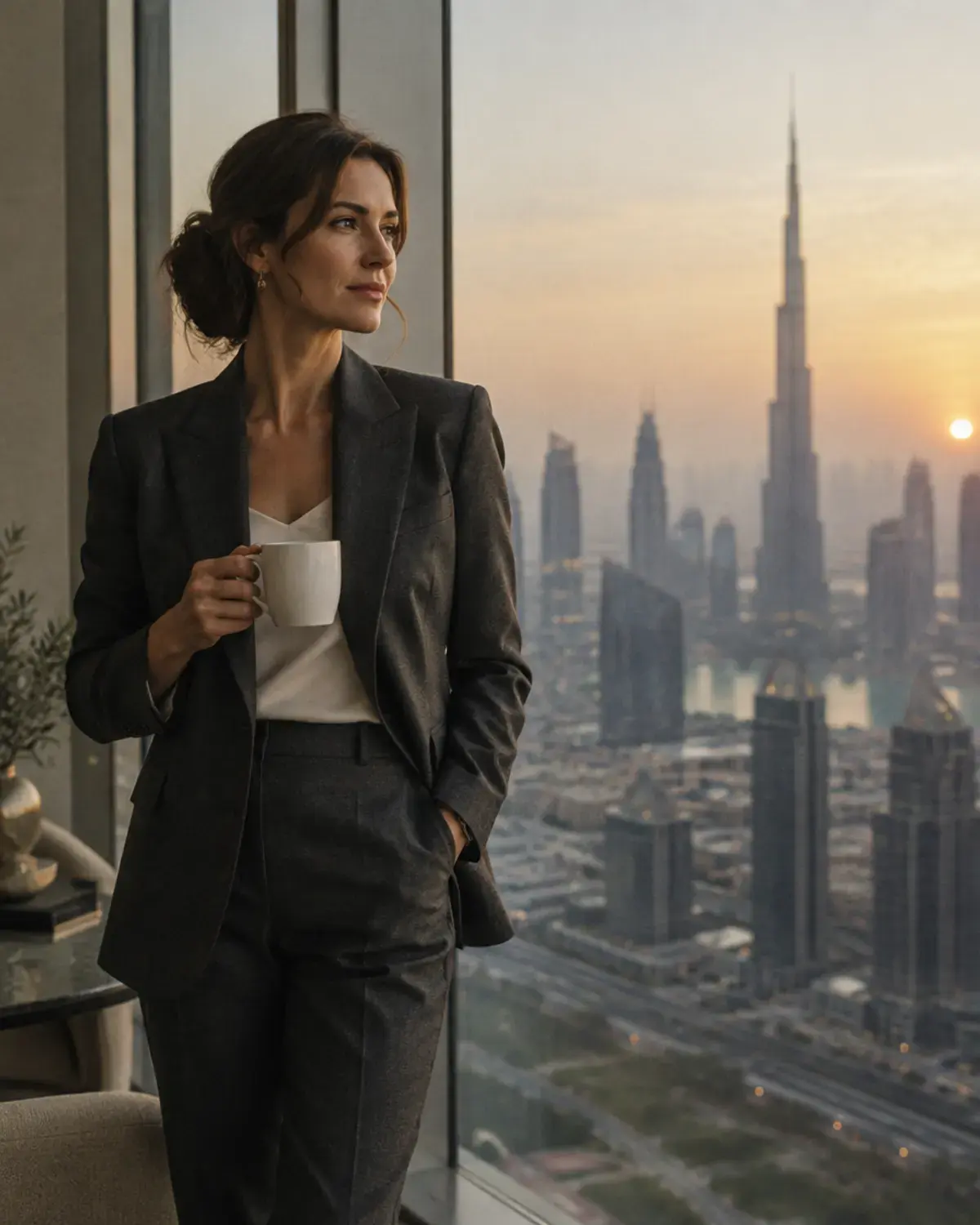 A businesswoman with a coffee by an office window overlooking Dubai