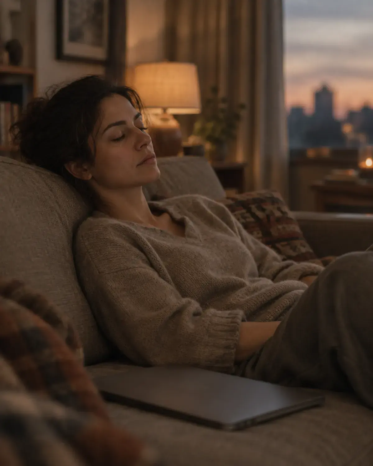 A woman resting on a sofa with her eyes closed at dusk