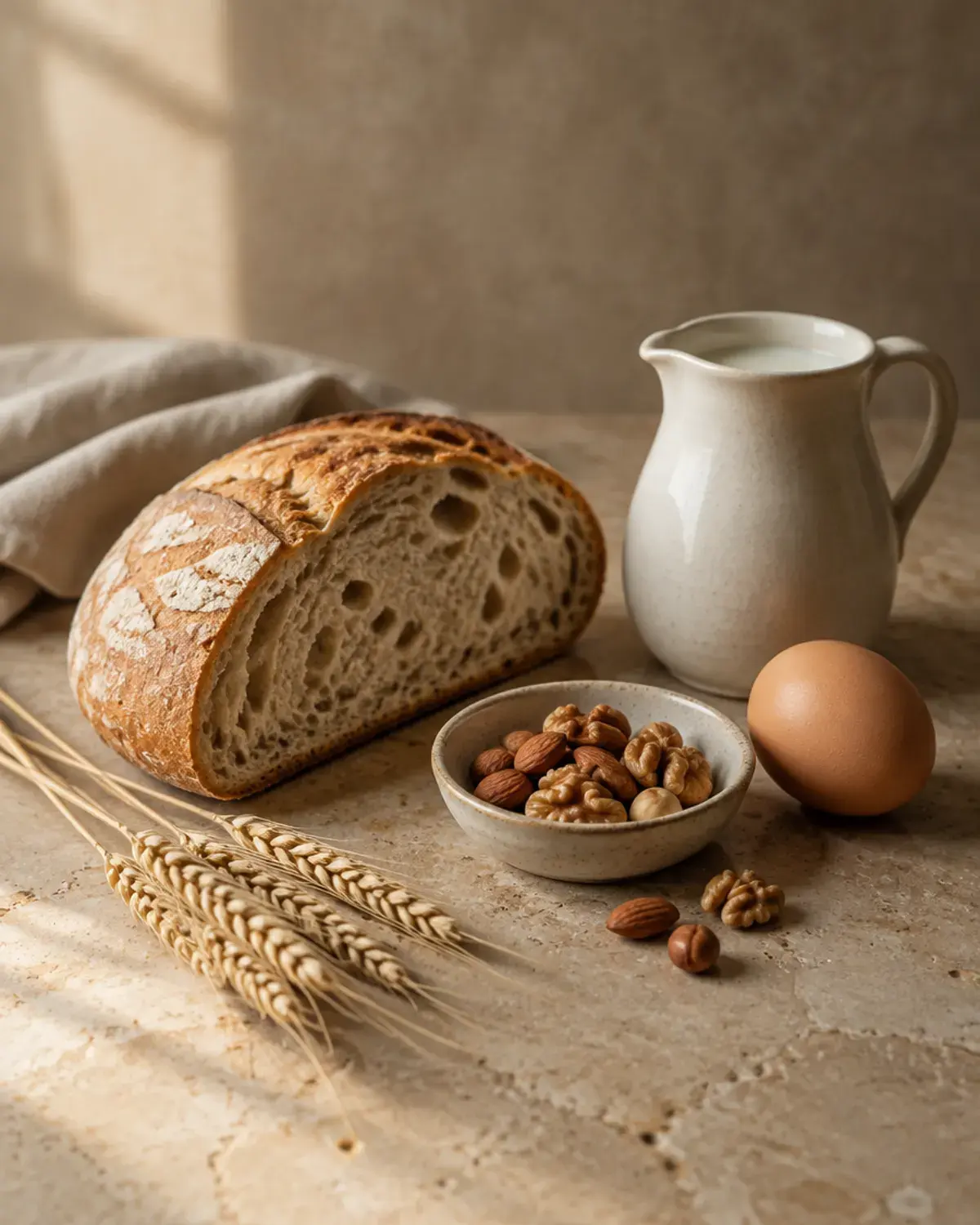 Bread, milk, nuts, an egg and wheat stalks arranged on stone