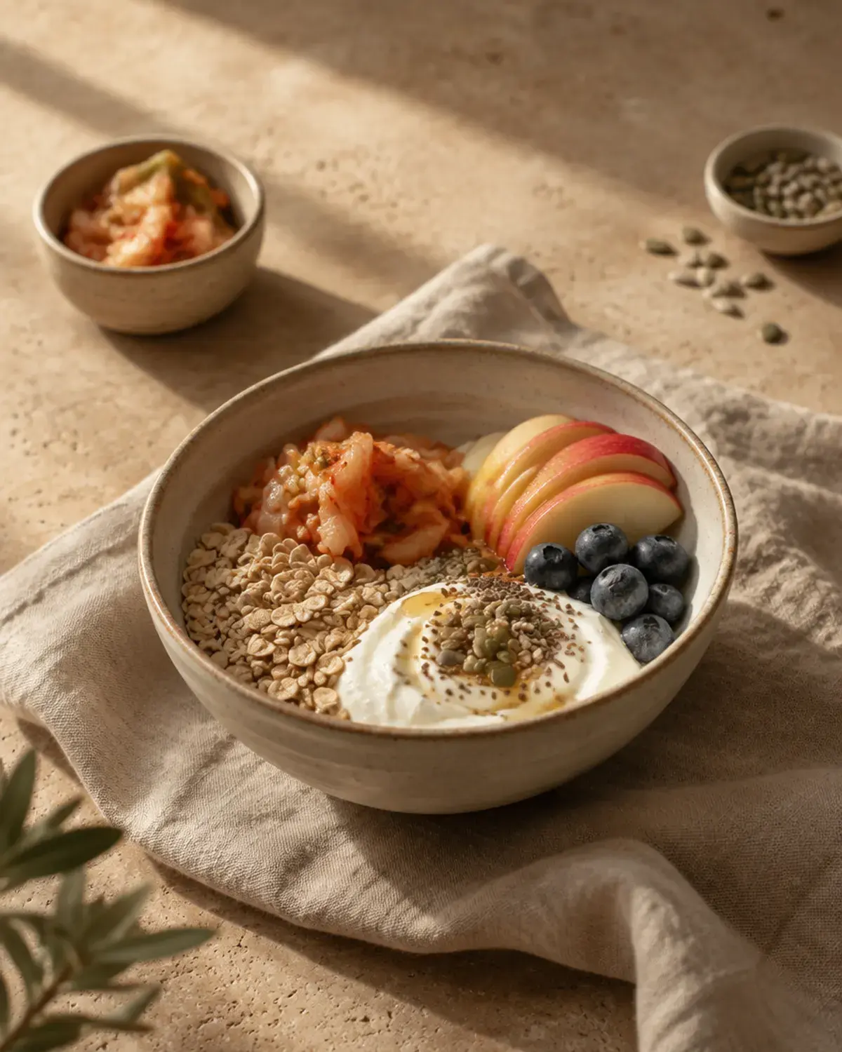 A bowl of yoghurt, oats, seeds and fruit on a linen cloth
