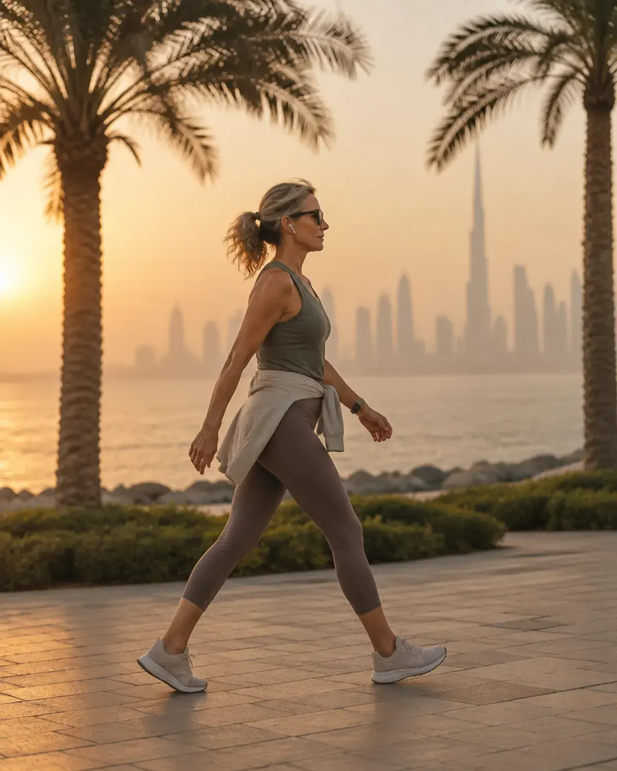 A woman walking along a palm-lined promenade at golden hour