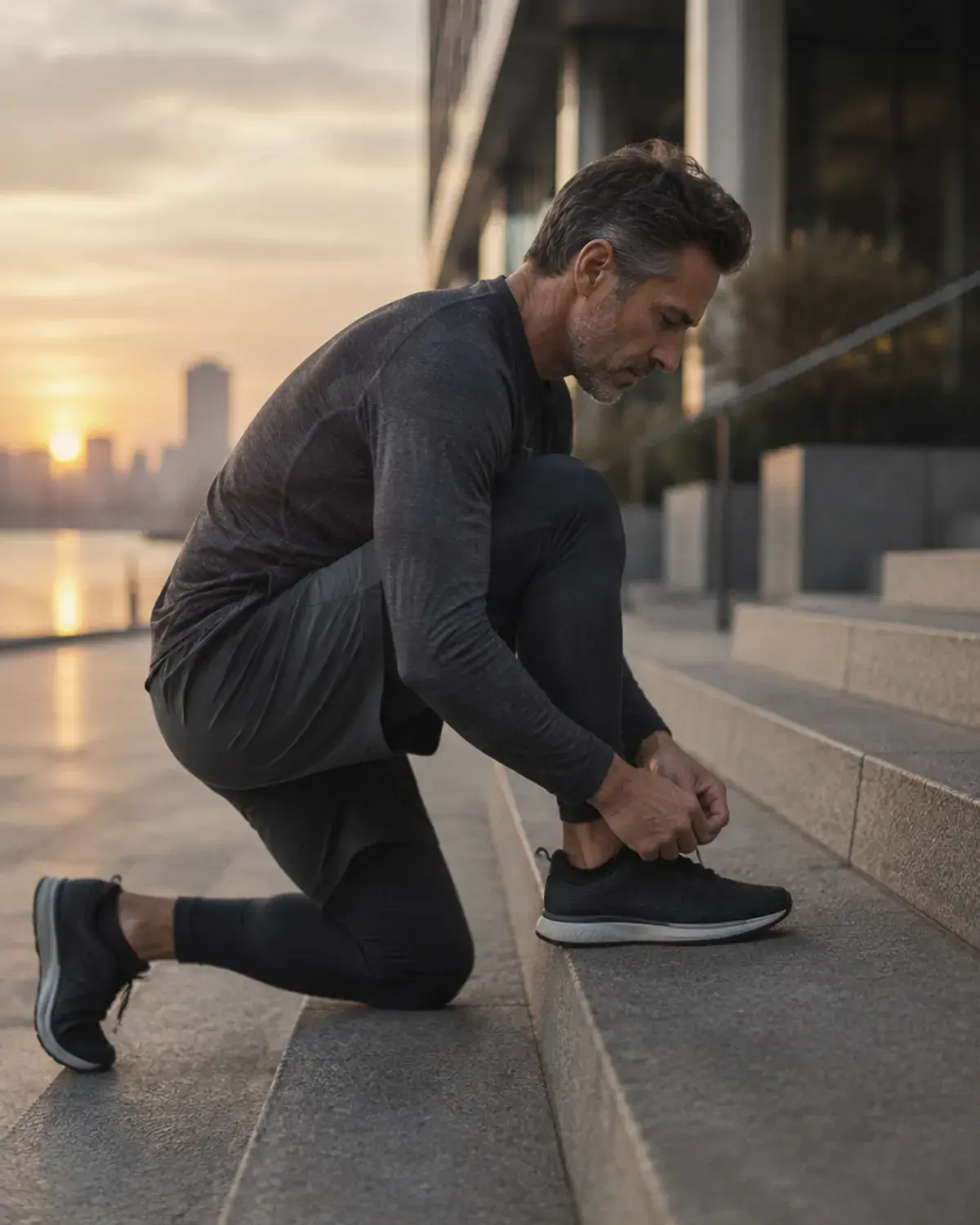A man tying his running shoes on stone steps at dawn