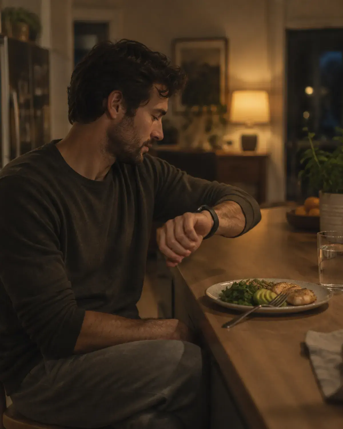 A man checking a fitness watch at a kitchen counter in the evening