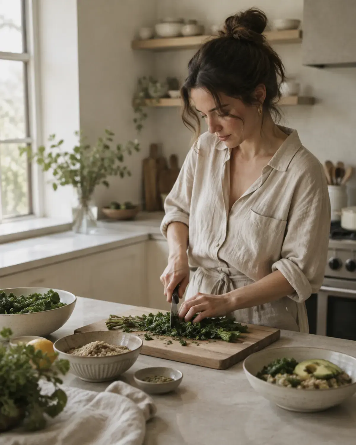 A woman preparing a simple meal of greens and grains in a bright kitchen