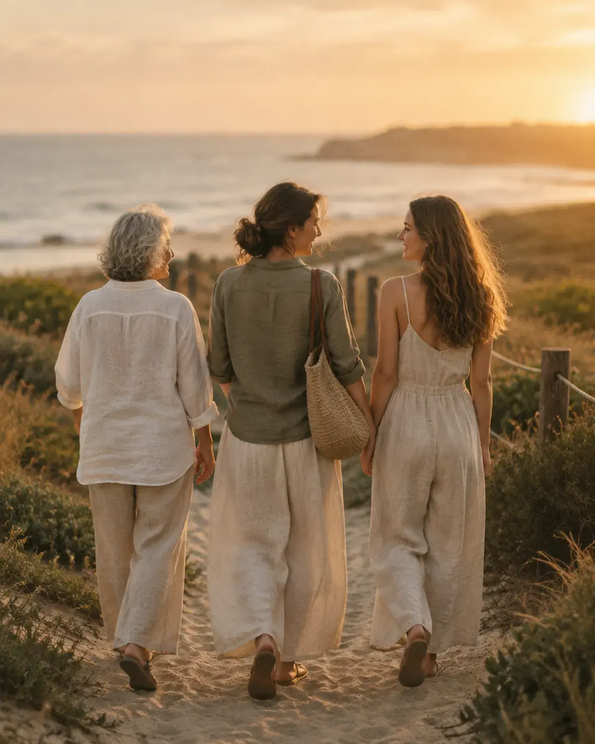 Three generations of women walking together on a beach path at golden hour