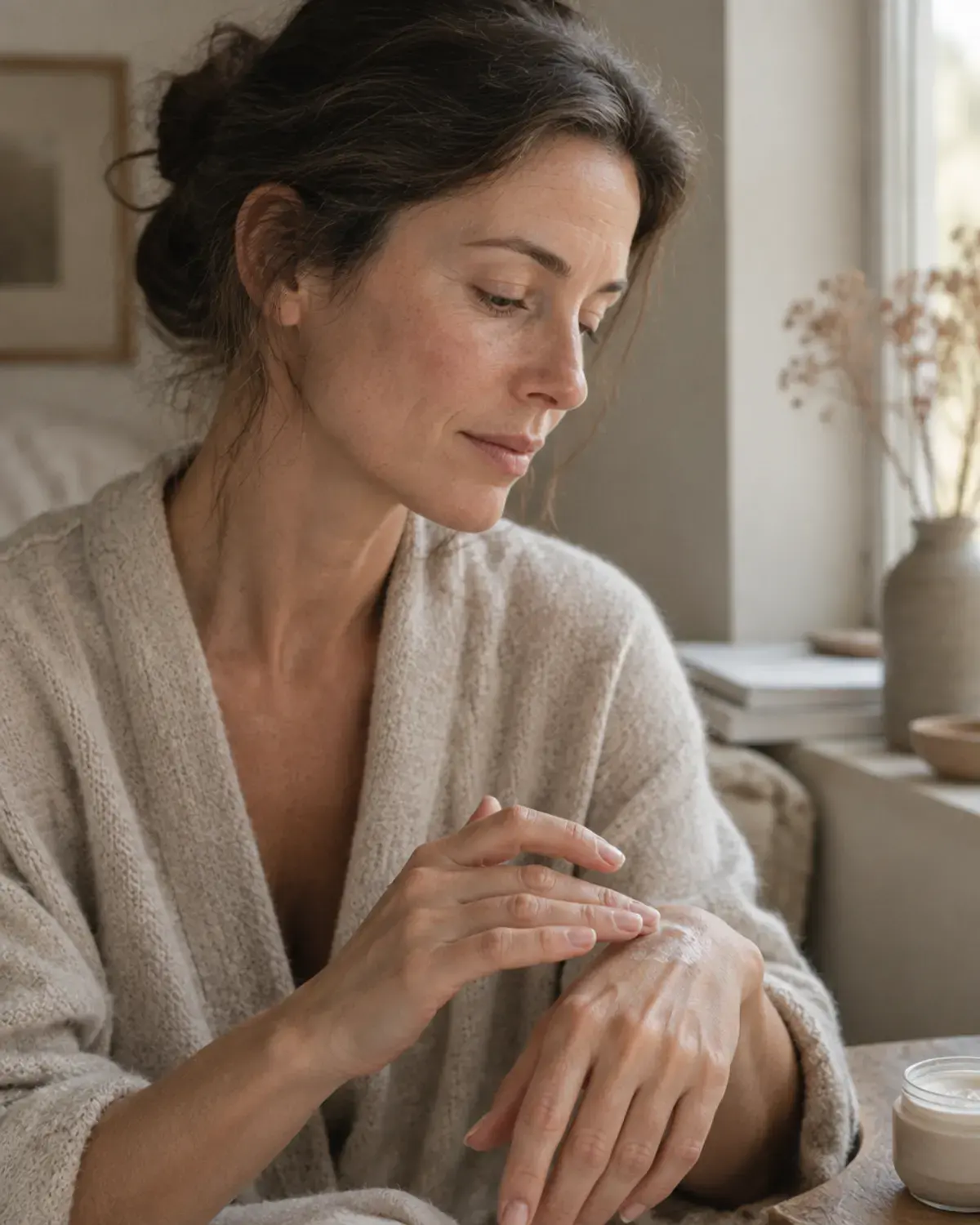 A woman applying moisturiser to her hand by a window in morning light