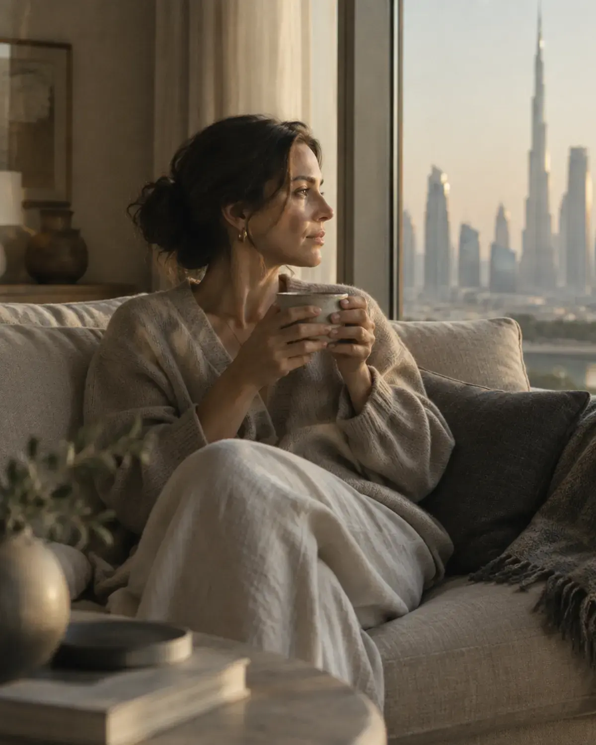 A woman resting on a sofa in soft afternoon light with a cup of tea