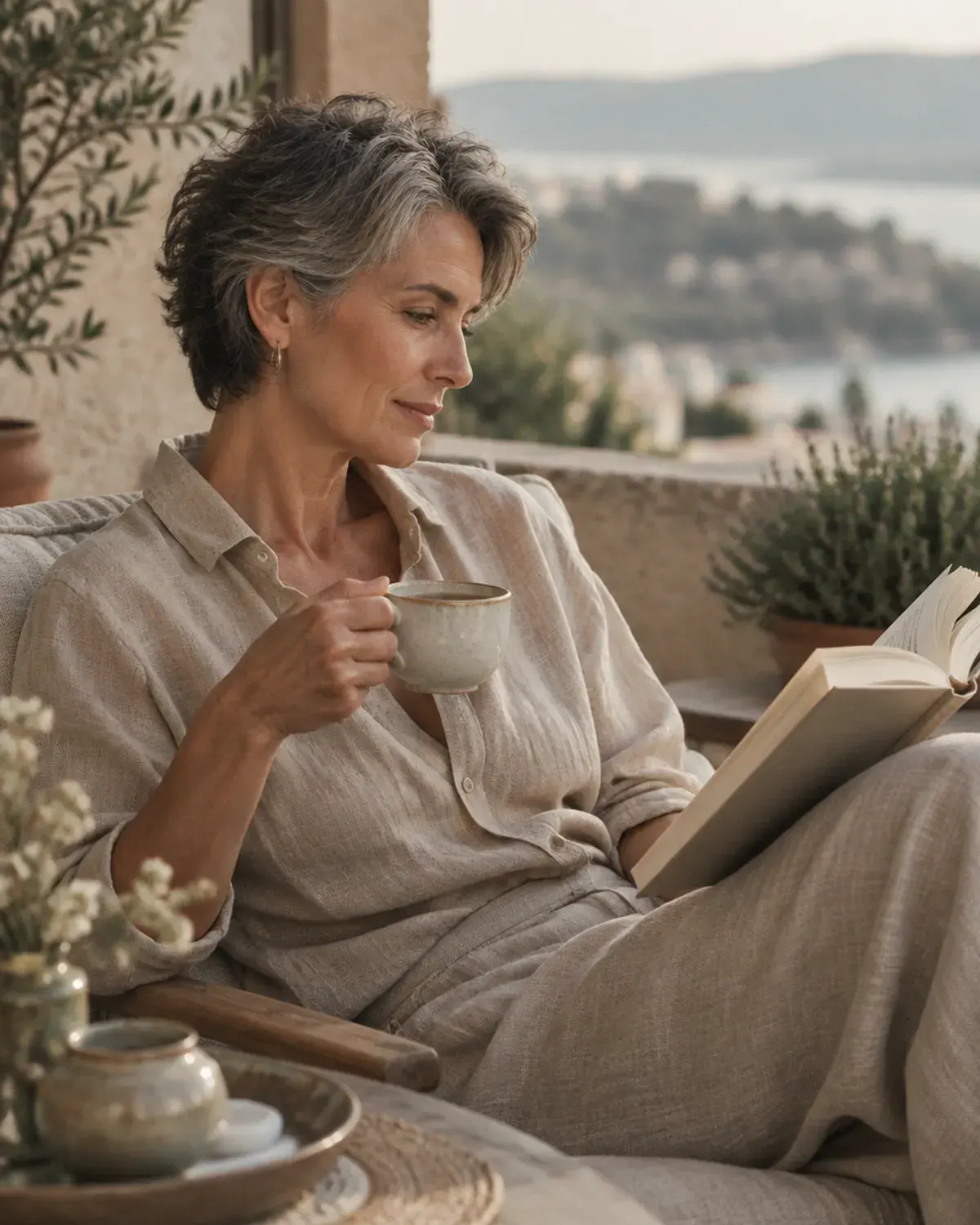 A woman in her fifties reading with a cup of tea on a sunlit terrace