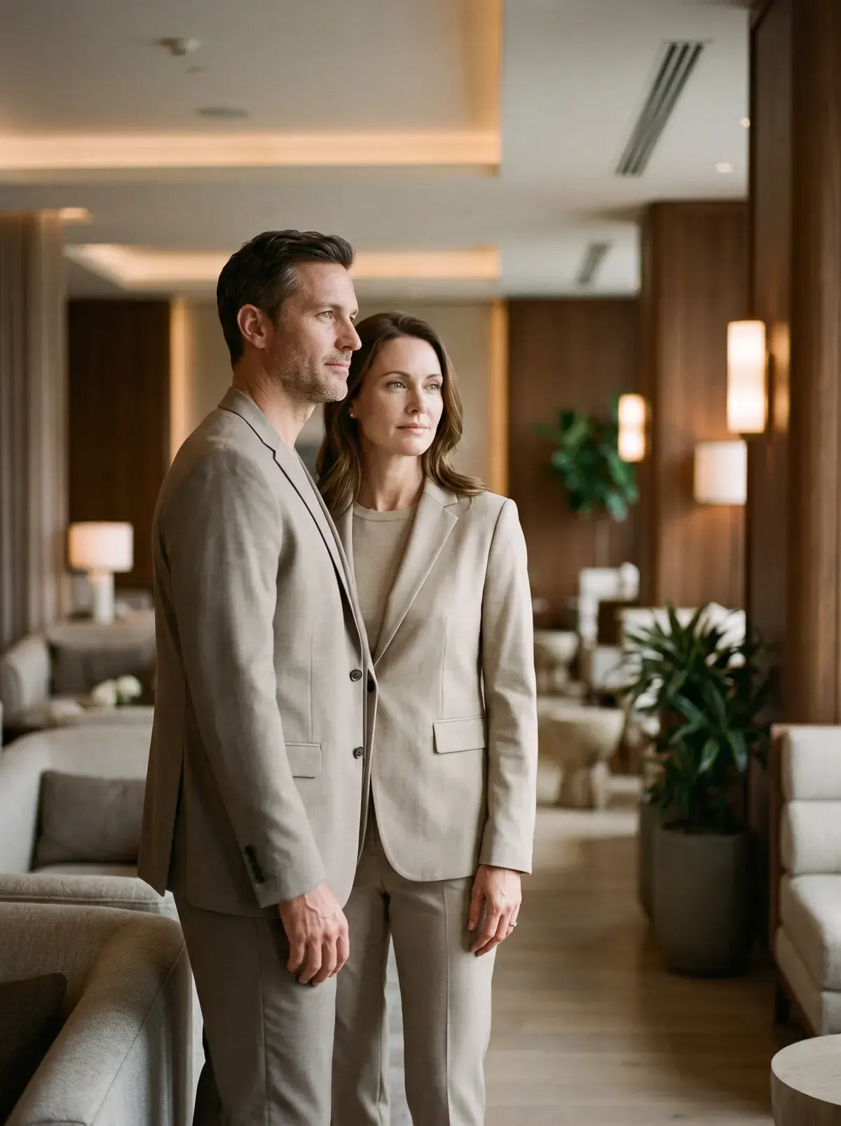 Two adults in a calm, light-filled clinic lounge